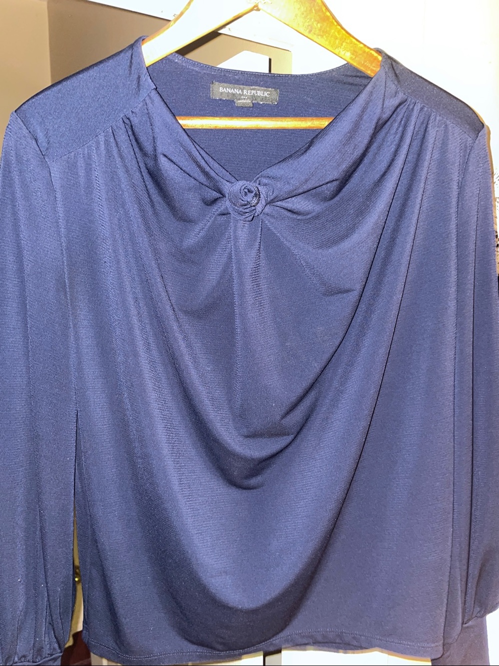 Banana Republic Navy Long Sleeve Knot-Front Draped Top